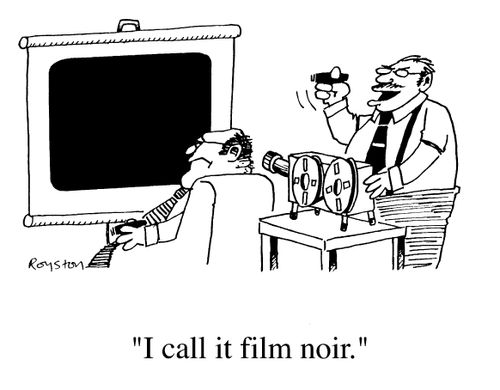 Men looking at black screen, "I call it film noir"