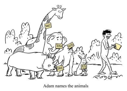 Adam names the animals (He puts sticky notes on them saying Shaz, Dave, Trish etc).