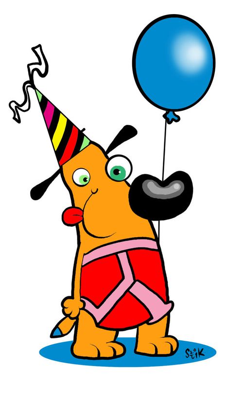 Dog with balloon, y-fronts, and party hat