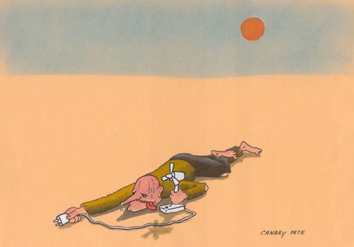 Man with melted face in desert.