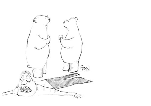 Bears have a conversation next to a man as a rug.