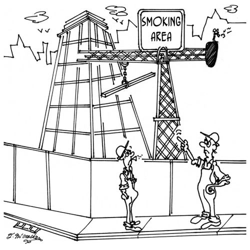 A foreman at a construction site glares at a smoker and points to the 'Smoking Area' at the end of a high crane.