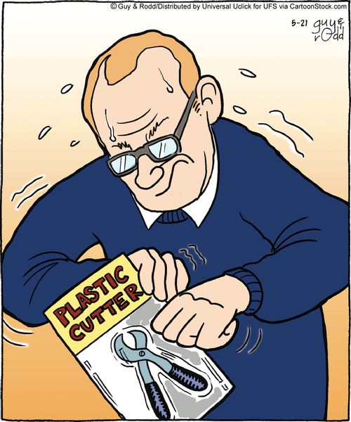 Man can't open the plastic packaging of his plastic cutter.