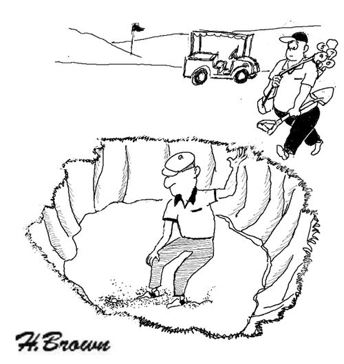 Caddie brings his golfer a shovel in the sand trap.