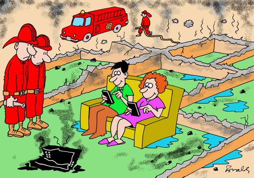 Couple are so focused on their cellphones they don't notice their house burning down around them.