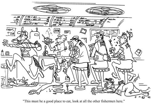 'This must be a good place to eat, look at all the other fishermen here.'