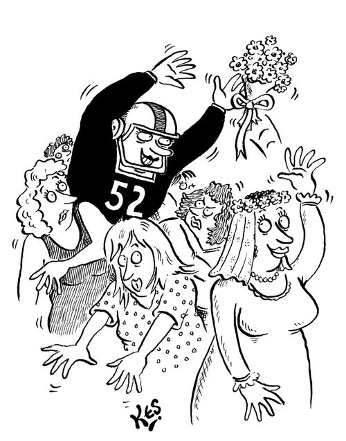 Bride throws bouquet, woman dressed in American footballer's outfit catches it.