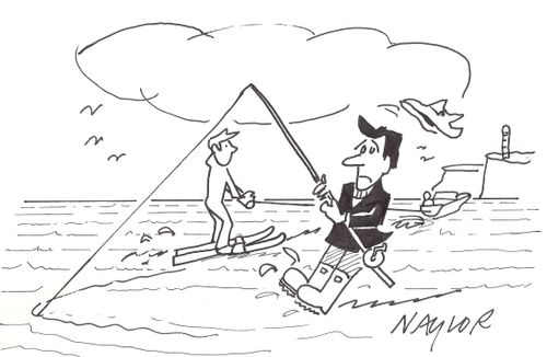 Man's fishing rod has caught a water skier.