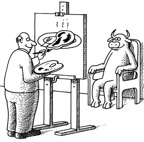 Artist depicts cow as large steak.