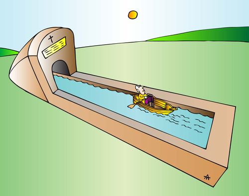 A man in a little rowboat goes to his grave.