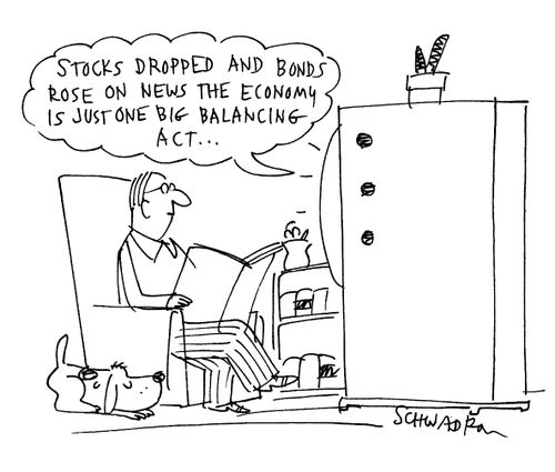 'Stocks dropped and bonds rose on the news that the economy is just one big balancing act...'