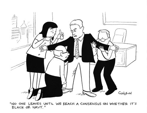 "No one leaves until we reach a consensus on whether it's black or navy."