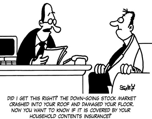 "Did I get this right? The down-going stock market crashed into your roof and damaged your floor. Now you want to know if it is covered by your household contents insurance?"