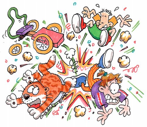 Children and cat crashing on cart