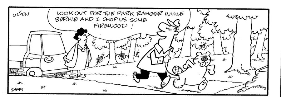'Look out for the park ranger while Bernie and I chop us some firewood!'
