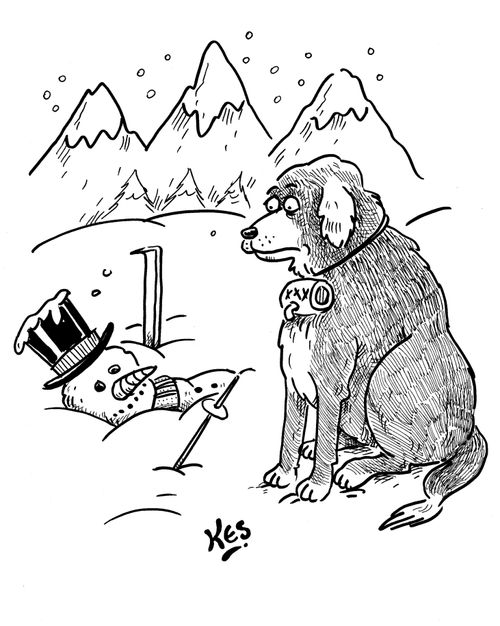 St Bernard dog rescues a snowman.