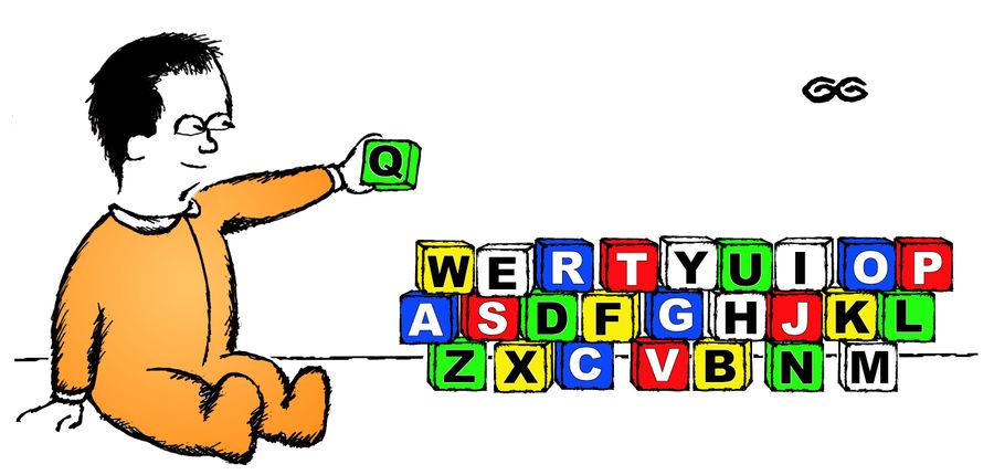 Kid with blocks spells out Qwerty keyboard.