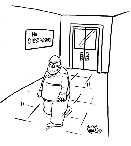 Surgeon walks through hospital where sign says, 'No Stresspassing'.
