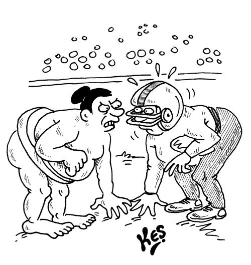 American footballer and Sumo wrestler about to clash.