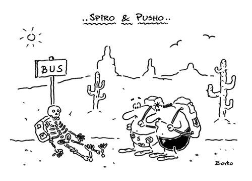 Spiro & Pusho and the skeleton at the bus station.