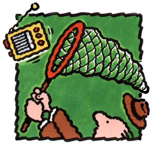 Feelings towards radios #7 Man catching a radio in a net.