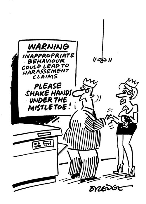 'Warning - inappropriate behaviour could lead to harassement claims.  Please shake hands under the mistletoe!'