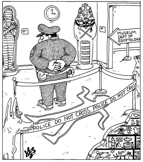 Police man stands guard at a murder scene in Egyptology department of a museum.
