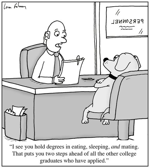 'I see you hold degrees in eating, sleeping, AND mating. That puts you two steps ahead of all the other college graduates who have applied.'