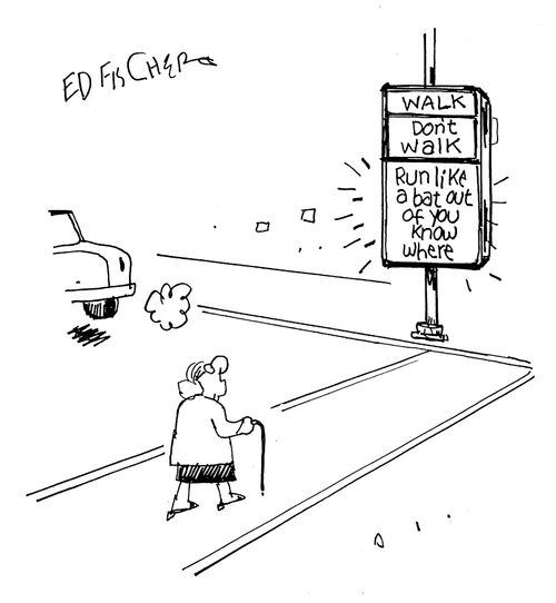 Crossing the street.
