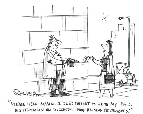 'Please help, ma'am. I need support to write my Ph.D. dissertation on 'Successful fund-raising techniques'.'