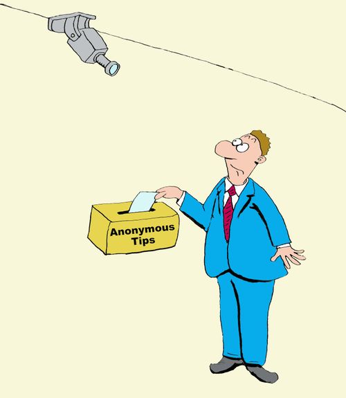 Business cartoon of video camera spying on 'anonymous tips' box.