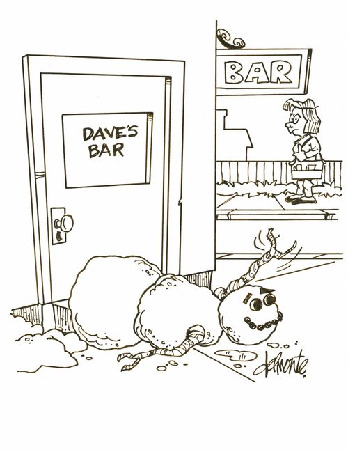 A Snowman falls down drunk outside a bar.