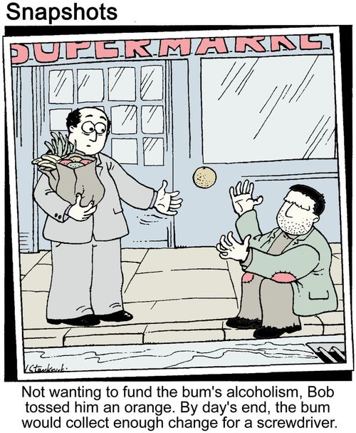 Man tosses orange to a bum, who uses it to make screwdrivers.