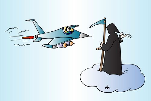 Grim Reaper waves to a bomber plane.
