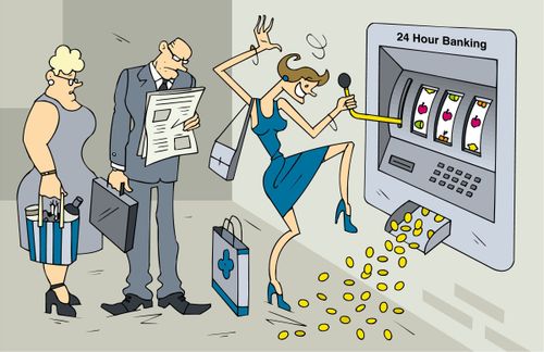 Woman in front of a cash machine which is actually a slot machine.