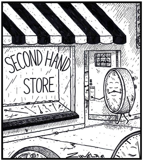Second Hand Store a clock entering a store for a new second hand