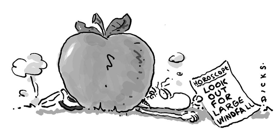 Horoscope - Look out for Large Windfall (Man crushed by giant apple).