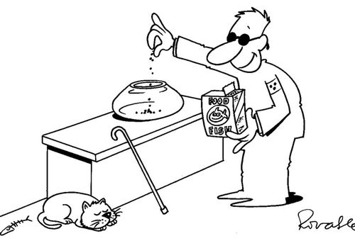 Blind man feeding an empty fish tank