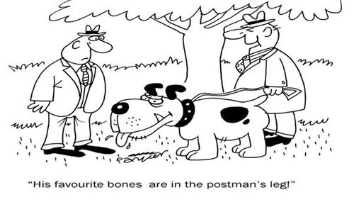 'His favourite bones are in the postman's leg!'