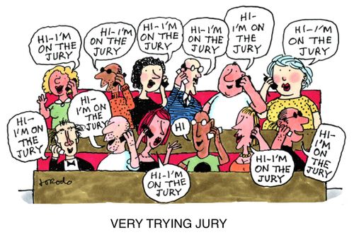 Jurors saying 'I'm on the jury' on their mobiles.