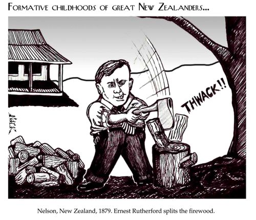 Nelson, New Zealand, 1879, Ernest Rutherford splits the fire word.