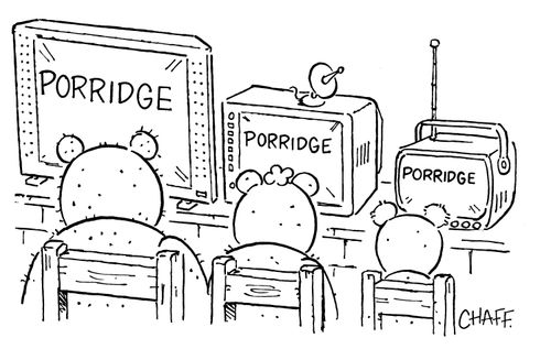 Three bears watching Porridge on three different size tvs,