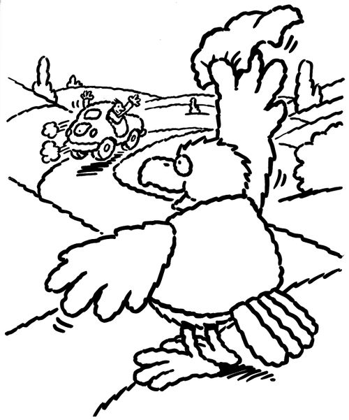 Bird waving goodbye to people in a car.