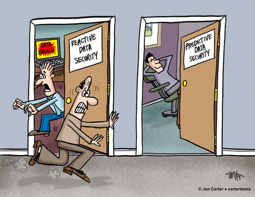 Data security officers run frantically out of reactive data security room, while another data officer relaxes in the predictive data security room.