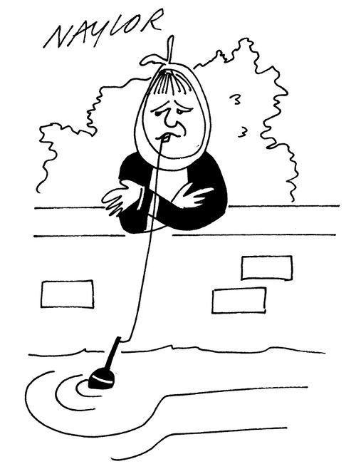Woman with fishing line hanging from her mouth.