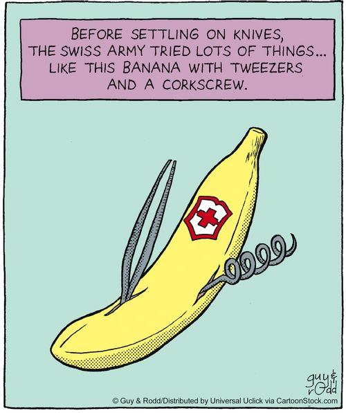 Before settling on knives, the Swiss army tried lots of things... like this banana with tweezers and a corkscrew.