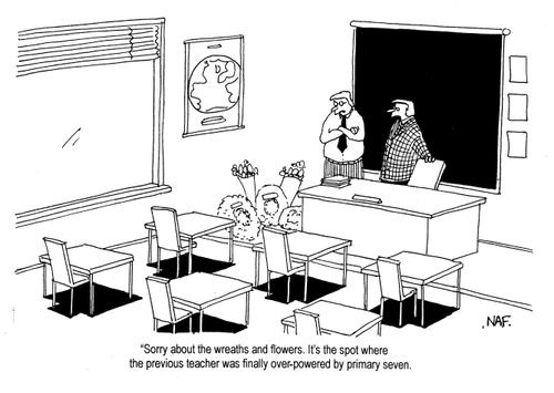 'Sorry about the wreaths and flowers.  It's the spot where the previous teacher was finally over-powered by primary seven.'