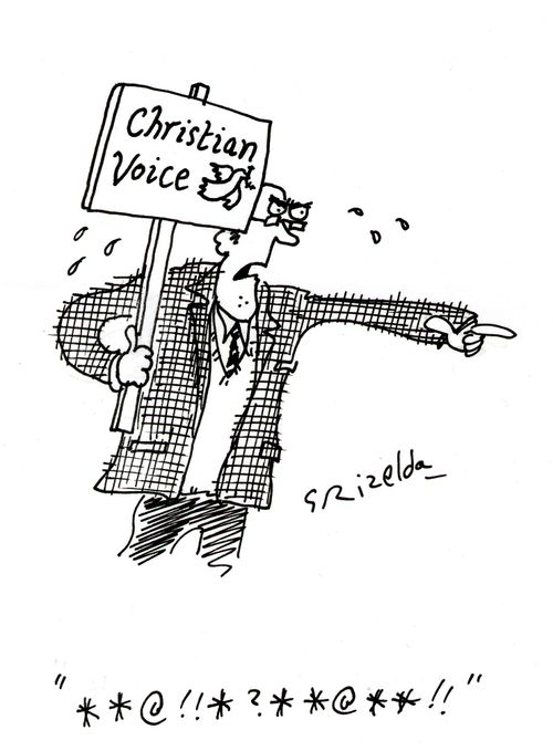 'Man with 'Christian Voice' banner shouting, '**@!!*?**@**!!''