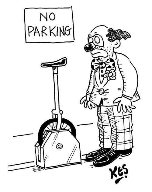 A clown sees that his unicycle has been wheel clamped.
