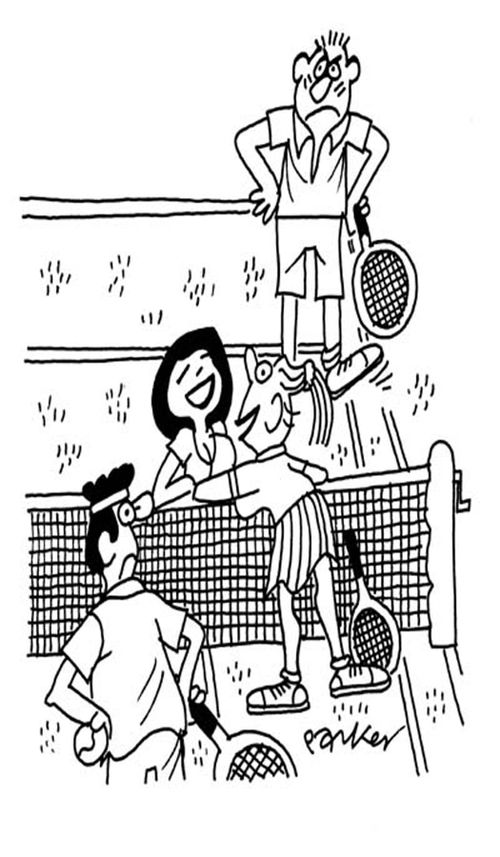Tennis talking over the net.